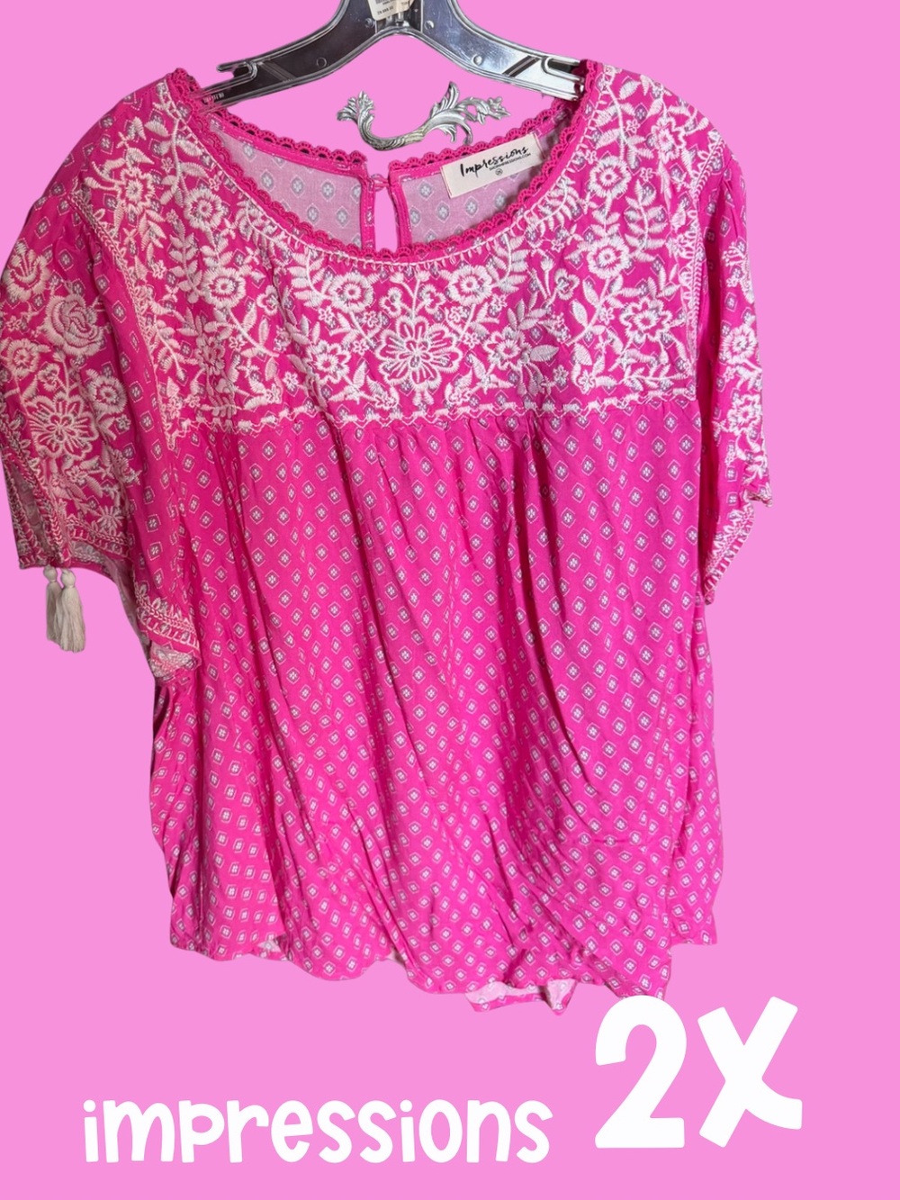 2x Impressions Pink Embroidered Boho Peasant Top